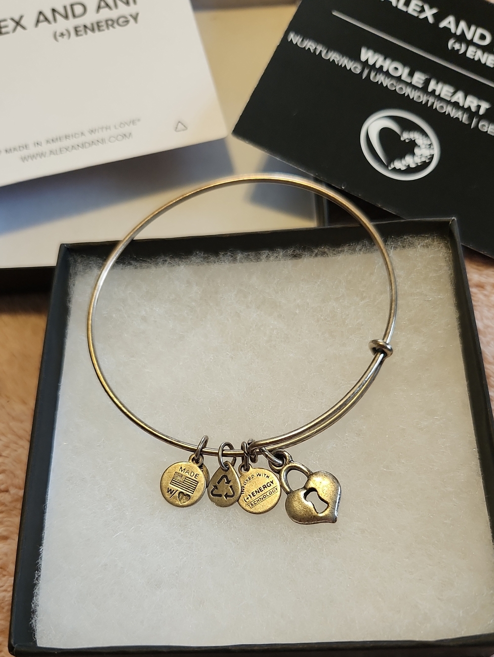 Alex and Ani Silver Heart Lock Charm Bangle Bracelet with Small Medallions